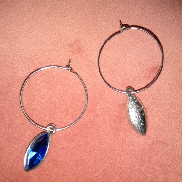 Cobalt Blue Marquis Rhinestone Silver Charm Hoop Earrings Hoops Handmade KATTA - Picture 5 of 9